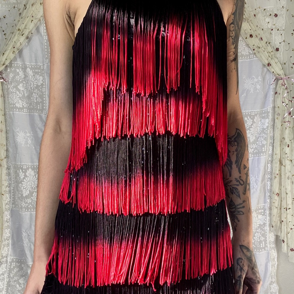 Red Black Ombre Fringe Flapper Dress Sequin Halter Gatsby Latin Dance Sz S/M - Picture 6 of 15